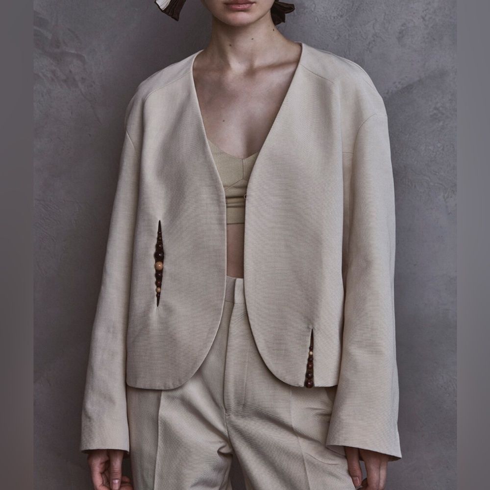 New EMORI Japanese Moire, Grosgrain Cream Cropped Beaded Jacket 38 M $1200